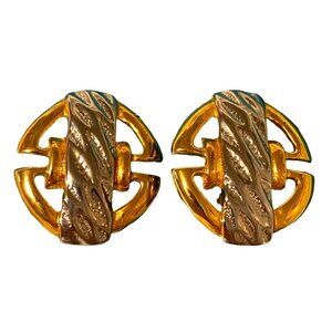 Vintage Clip Earrings Chunky Sandy Gold & silver Tone Metallic Round Geometric 1